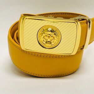 Mustard Yellow Belt Women Men Gold Automatic Buckle Slide Belt Leather Jeans New